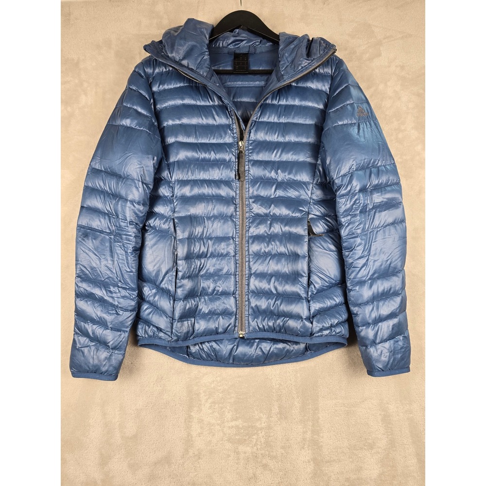 Adidas Puffer Jacket Womens S Blue Hooded Full Zip Quilted Goose Down Coat *Read